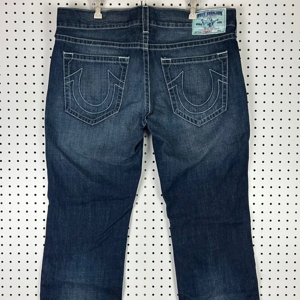 True Religion Straight Leg Jeans 38x32 Denim Wide Leg Dark Stitched Honeycomb